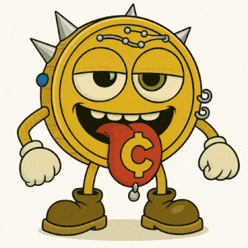 a cartoon illustration of a coin with a tongue sticking out