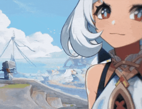 a close up of a girl 's face in front of a boat