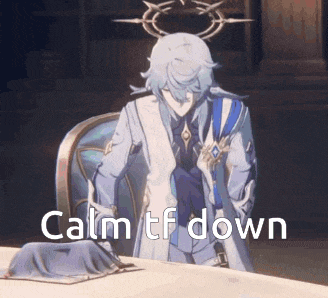 a man in a suit and tie is sitting at a table with his hands on his hips and the words `` calm it down '' .