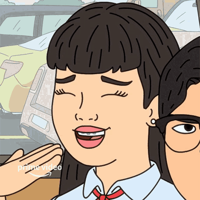 a cartoon of a woman with her eyes closed and the words prime video behind her