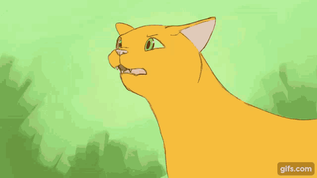 a cartoon of an orange cat with its mouth open and green eyes .
