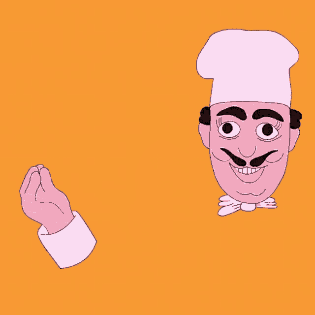 a pink chef with a white hat and mustache