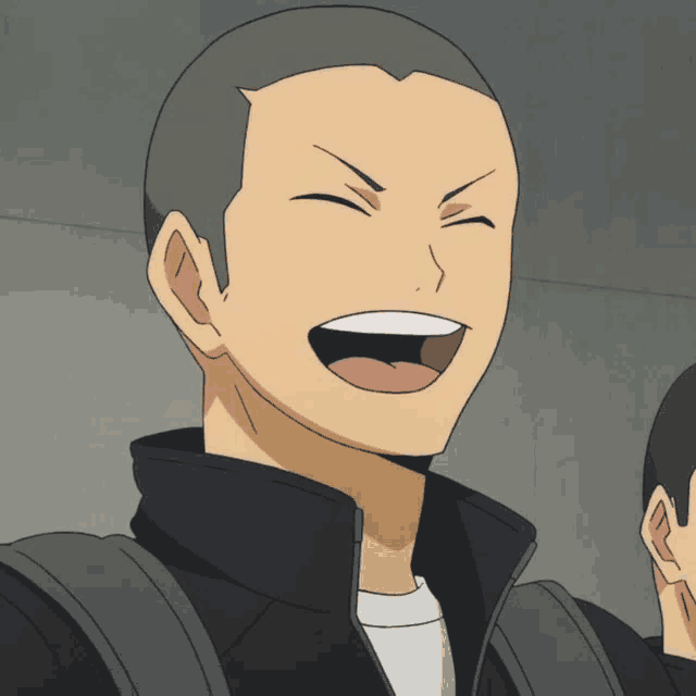 a man with a backpack is laughing with his mouth wide open