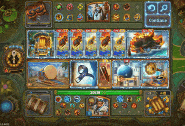 a screenshot of a game with a continue button in the upper right corner