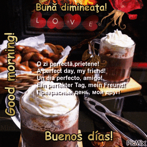 a picture of a cup of hot chocolate with whipped cream and a good morning message