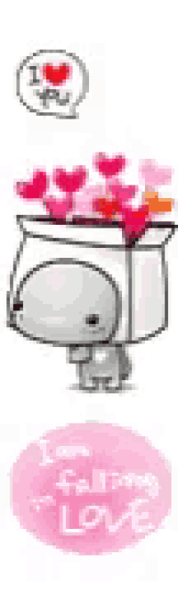 a cartoon character is standing in a box with hearts and a speech bubble that says i love you .