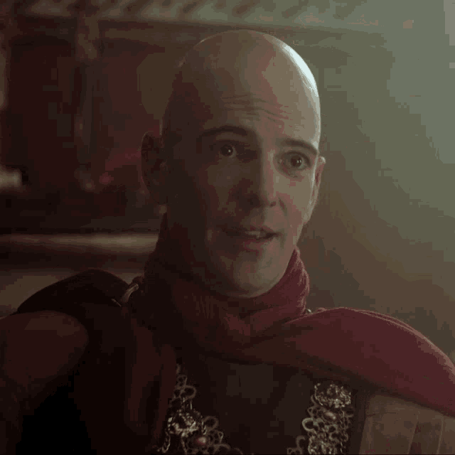 a bald man with a red scarf around his neck smiles