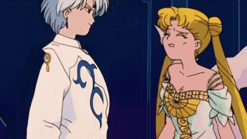 a man and a woman are standing next to each other in a cartoon .