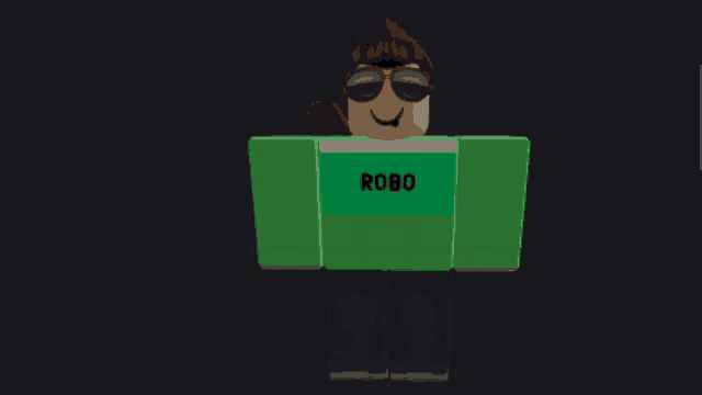 roblox character wearing sunglasses and a green robo shirt