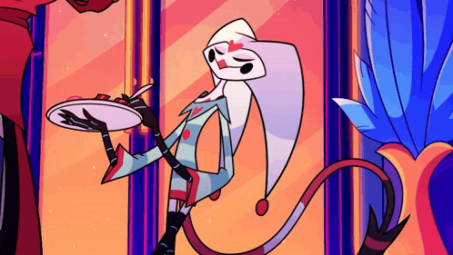a cartoon character with a long tail is holding a plate with food on it .