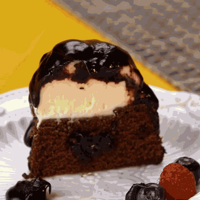 a slice of chocolate cake with ice cream and chocolate sauce on a white plate