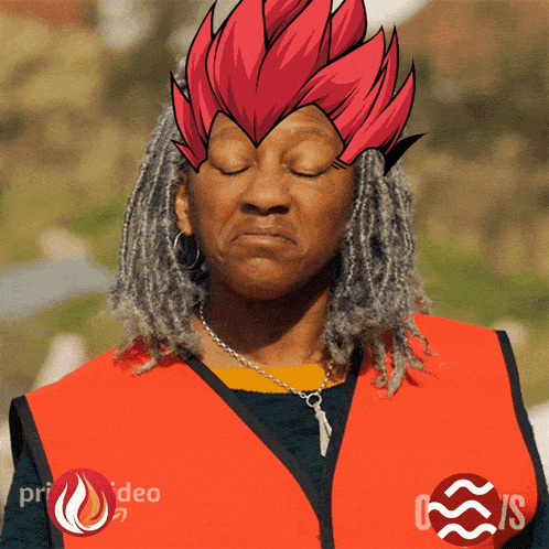 a woman with dreadlocks wearing an orange vest with the word deo on the bottom