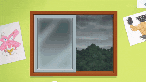 a window with a drawing of a cartoon character and a drawing of a muscular man