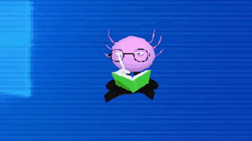 a pink cartoon character wearing glasses is reading a book on a blue background
