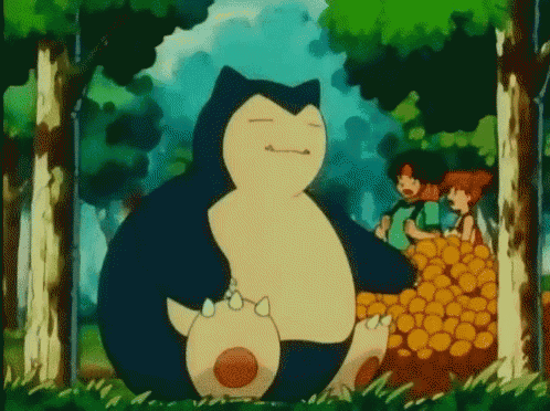 a cartoon of a snorlax sleeping in a forest with a pile of oranges in the background .