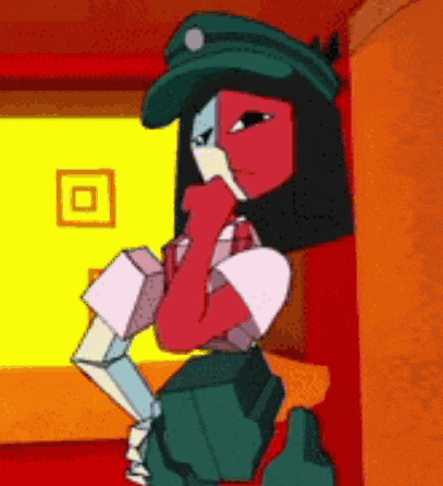 a cartoon character is standing next to a wall and holding her hand to her chin .