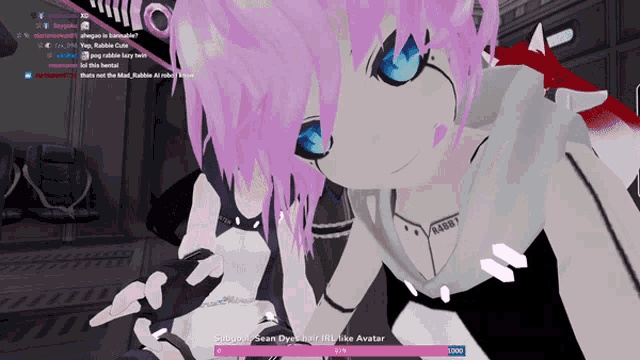 a screenshot of a video game shows a girl with pink hair and a badge that says ' rabbit ' on it