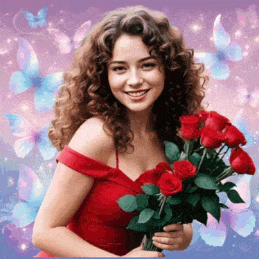 a woman in a red dress is holding a bouquet of roses