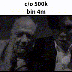 a black and white photo of two men with the words c / o 500k bin 4m on the bottom