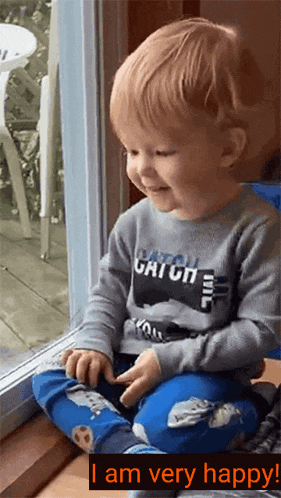 a little boy is sitting in front of a window wearing a shirt that says catch me on it