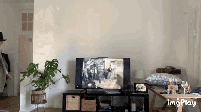 a living room with a tv and a plant and the words imgplay below it