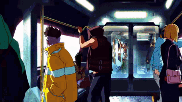 a man in a yellow jacket is holding onto a railing on a train