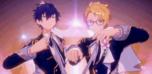 two anime characters are standing next to each other with their hands on their chests