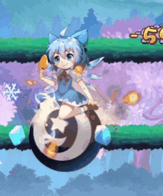 a girl with blue hair is sitting on a moon holding an ice cream cone