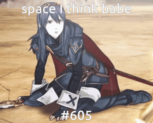 a picture of a girl kneeling down with the words space i think babe # 605