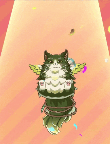 a black and white cat with wings is tied up