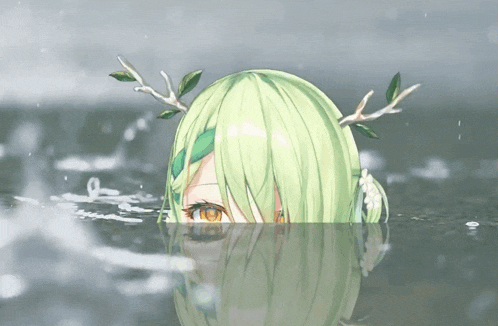 a girl with green hair and antlers is swimming in a body of water