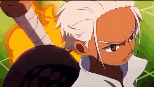 a cartoon character with white hair and brown skin is holding a sword in his hand .