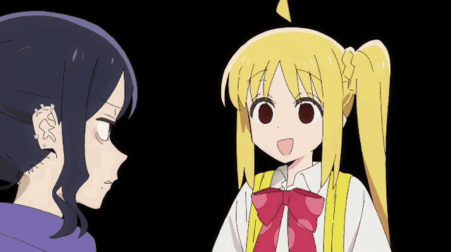 two anime girls are talking to each other and one is wearing a yellow vest