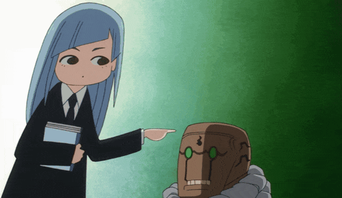 a girl with long blue hair is pointing at a robot