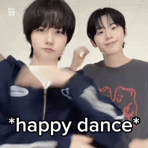 two young men are standing next to each other with the words " happy dance " written above them