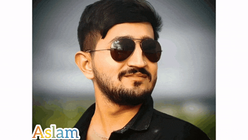a man with a beard wearing sunglasses and the name aslam on the bottom