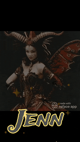 a woman in a costume with horns and the name jenn