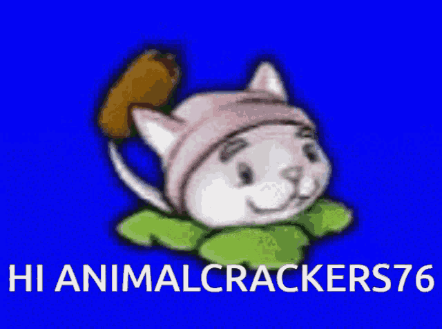a cartoon cat is holding a stick and says hi animalcrackers 76