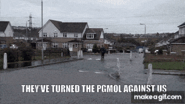 a man walking down a street with the words " they 've turned the pgmol against us " on the bottom