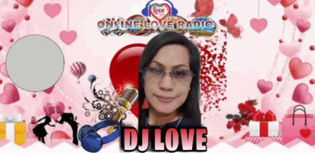 a woman stands in front of a microphone with the name dj love written on the bottom