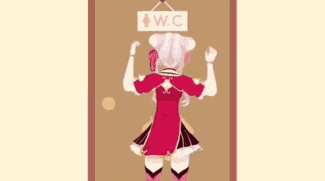 a cartoon girl is flexing her muscles in front of a sign that says ' wc ' on it .