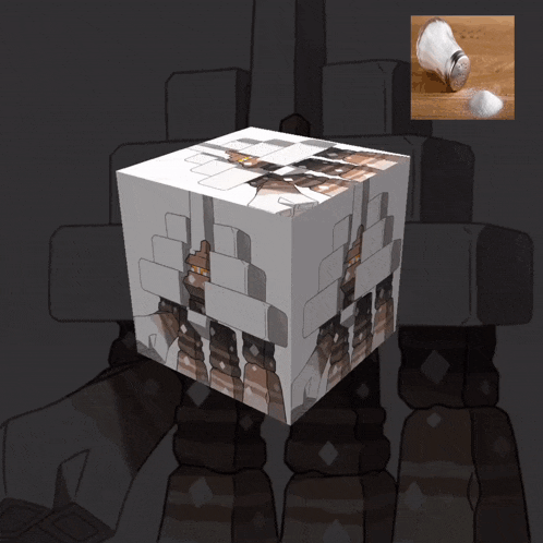 a salt shaker is sitting on a wooden table next to a drawing of a robot