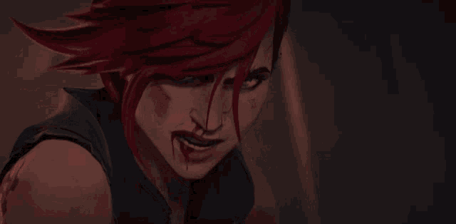 a woman with red hair has blood on her face