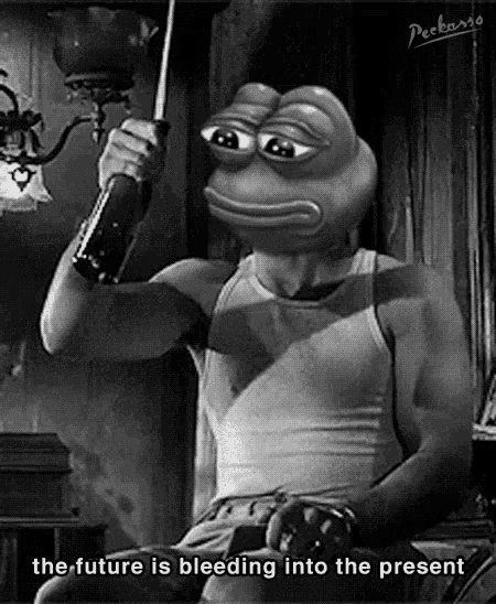 a black and white photo of a man with a frog on his head holding a bottle of beer and a sword .