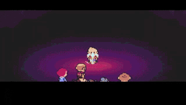 a group of cartoon characters are standing in a circle in a dark room