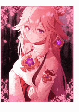 a girl with long pink hair and purple eyes