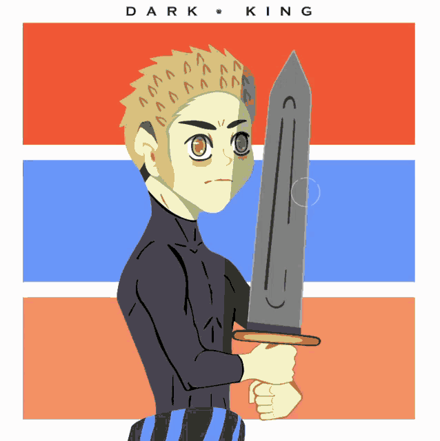a cartoon drawing of a man holding a sword with the words dark king on the bottom