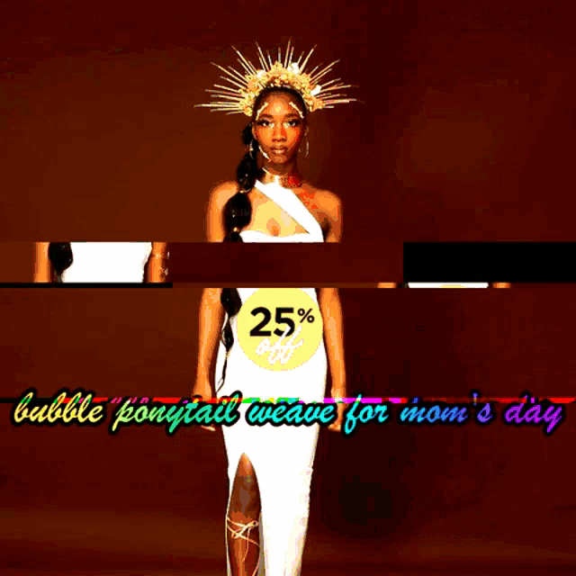 an advertisement for bubble ponytail weave for mom 's day shows a woman in a white dress
