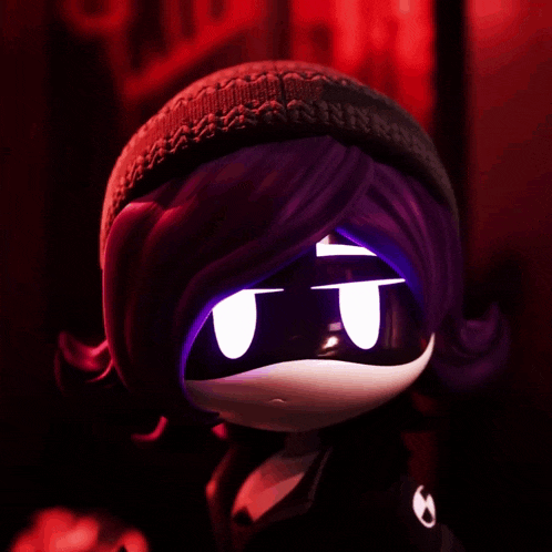 a cartoon character with purple hair is wearing a knitted hat
