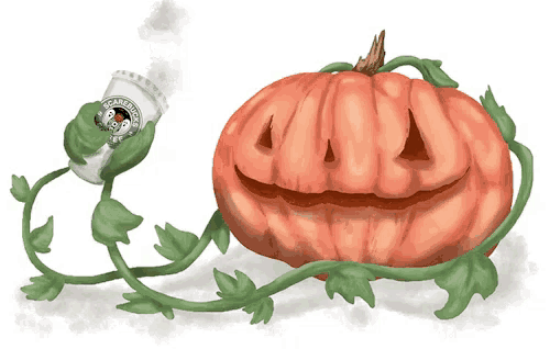 a pumpkin is holding a coffee cup that says scarecrow